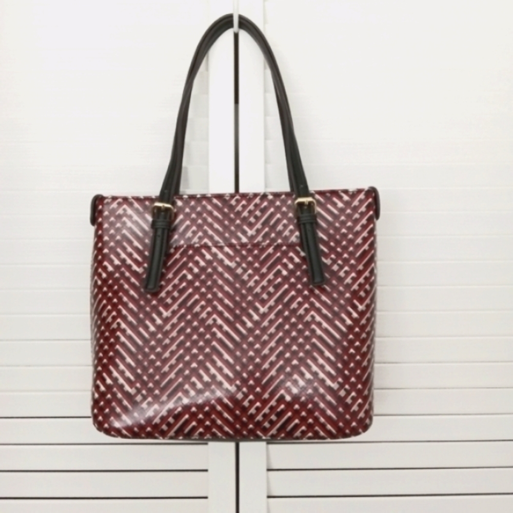 ANNE KLEIN Faux Leather Red Black White Lattice Pattern Tote Shoulderbag - Picture 2 of 14